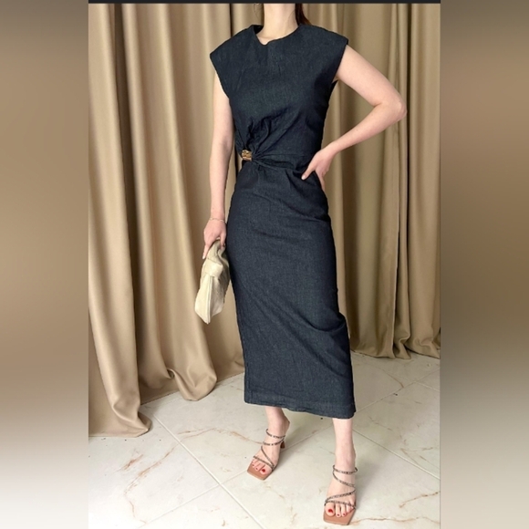 Zara Gold Applique Denim Midi Dress - Picture 5 of 10